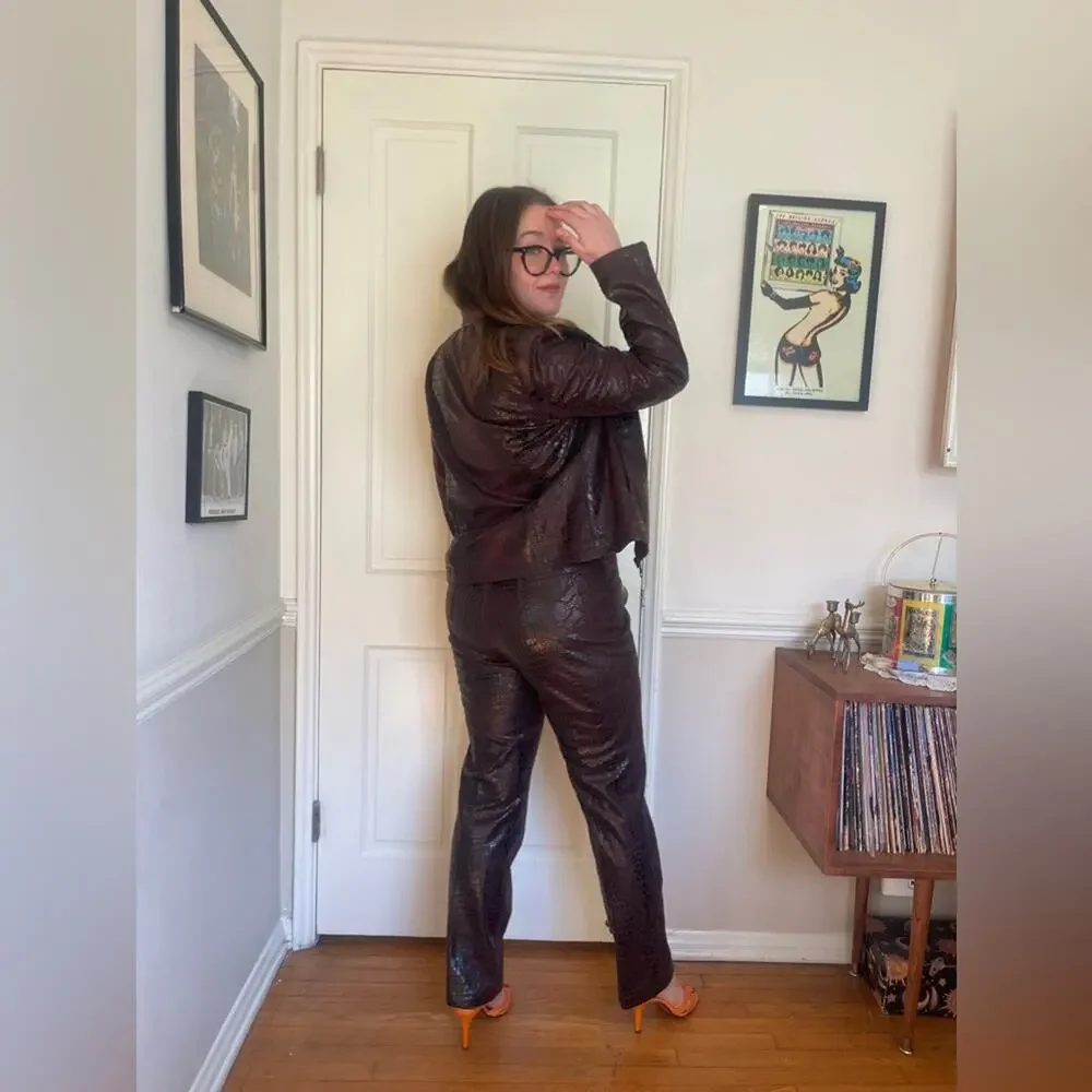 Y2K Vintage Faux Croc Skin Chocolate Brown Two Piece Pant Set - Picture 5 of 13